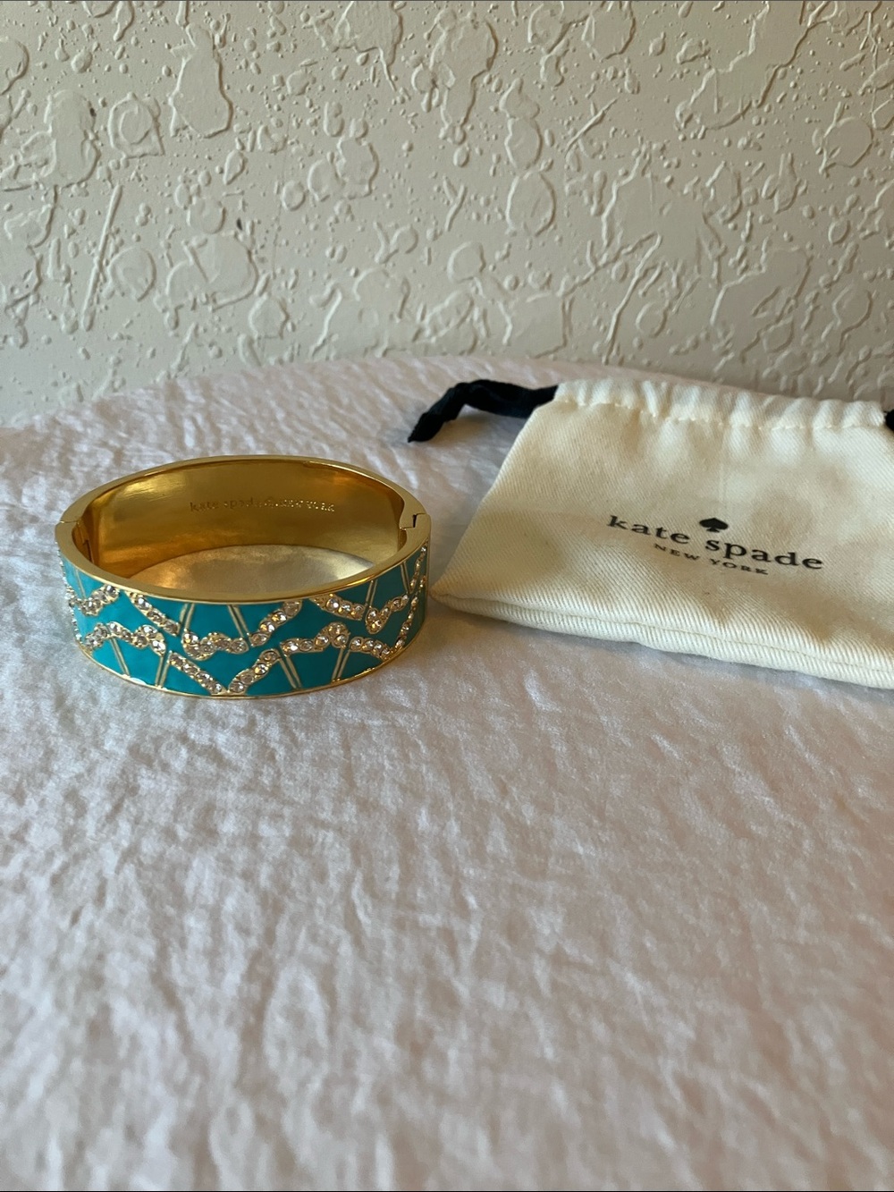 kate spade: Turquoise Enamel & Gold Tone Crystal-Accent Bangle- Hinge- Dust Bag